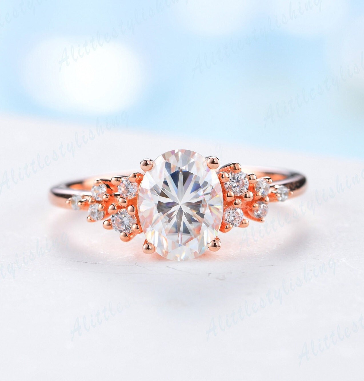 Ovaler Moissanit Verlobungsring Art Deco Ring Vintage Cluster Frau Zierliche Hochzeit Versprechen Braut Jahrestag Roségold von Alittlestylishing