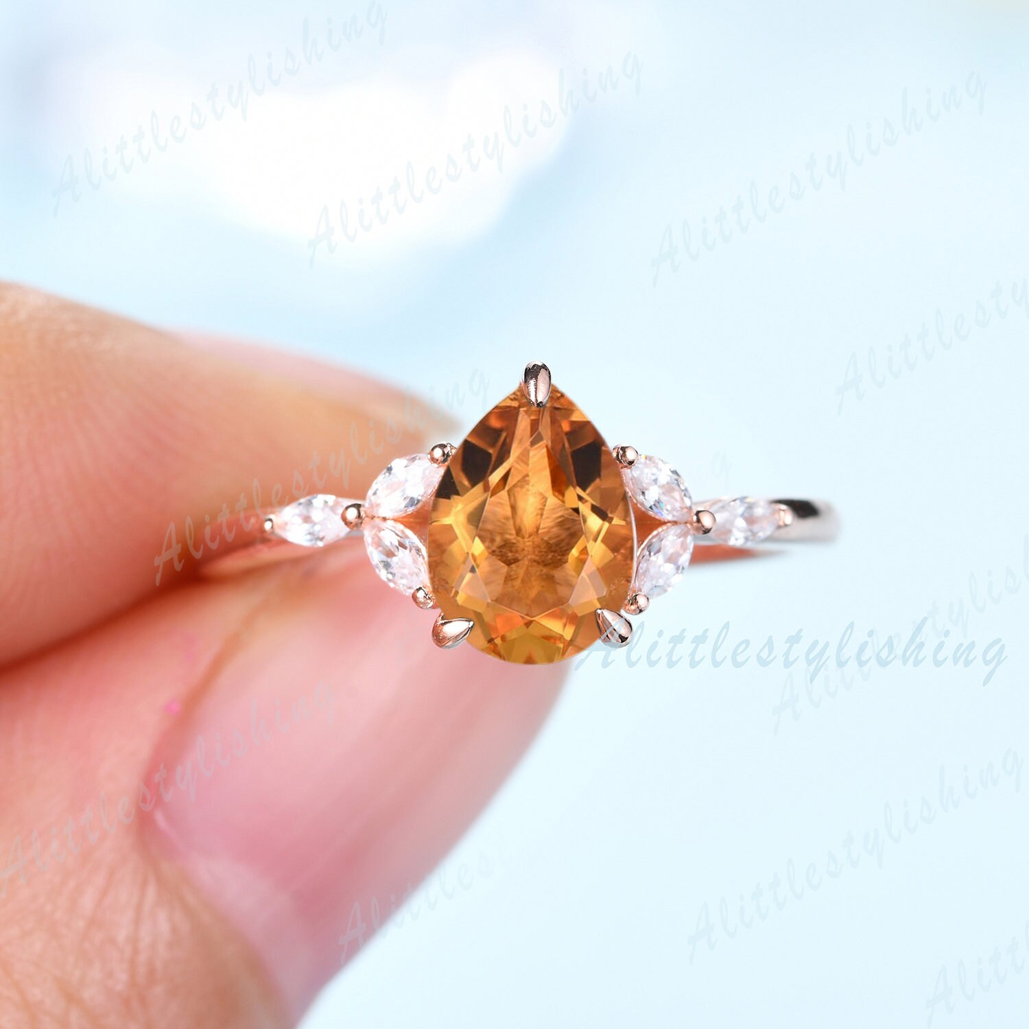 Pear Cut Citrin Verlobungsring Roségold Marquise Moissanit Ring Unikat Drei Stein Art Deco Hochzeit Braut Versprechen Jahrestag von Alittlestylishing