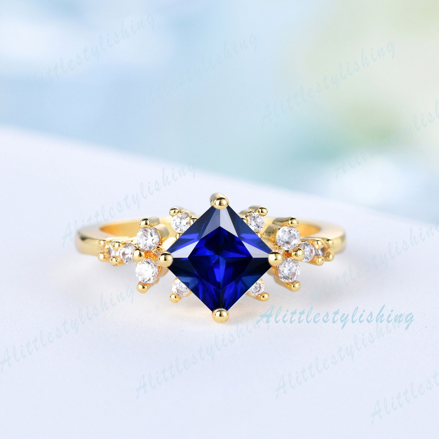 Princess Cut Blue Saphir Verlobungsring 14K Massivgold Ring Solitär Für Frau Verlobung Jahrestag Handgemachter Schmuck von Alittlestylishing