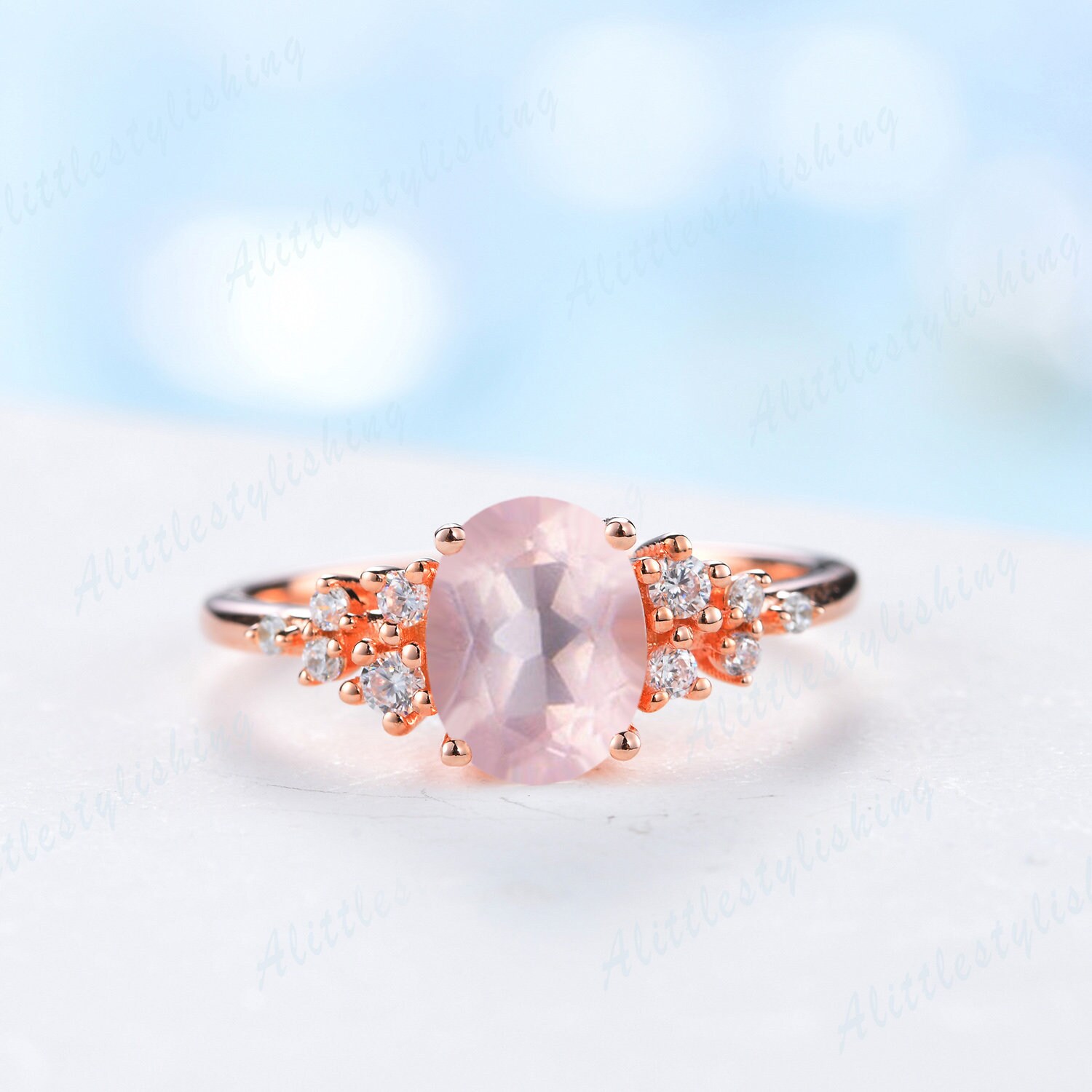 Rosenquarz Moissanit Ring Oval Verlobungsring Sterling Silber Rose Gold Frau Versprechen Jahrestag Geschenke von Alittlestylishing