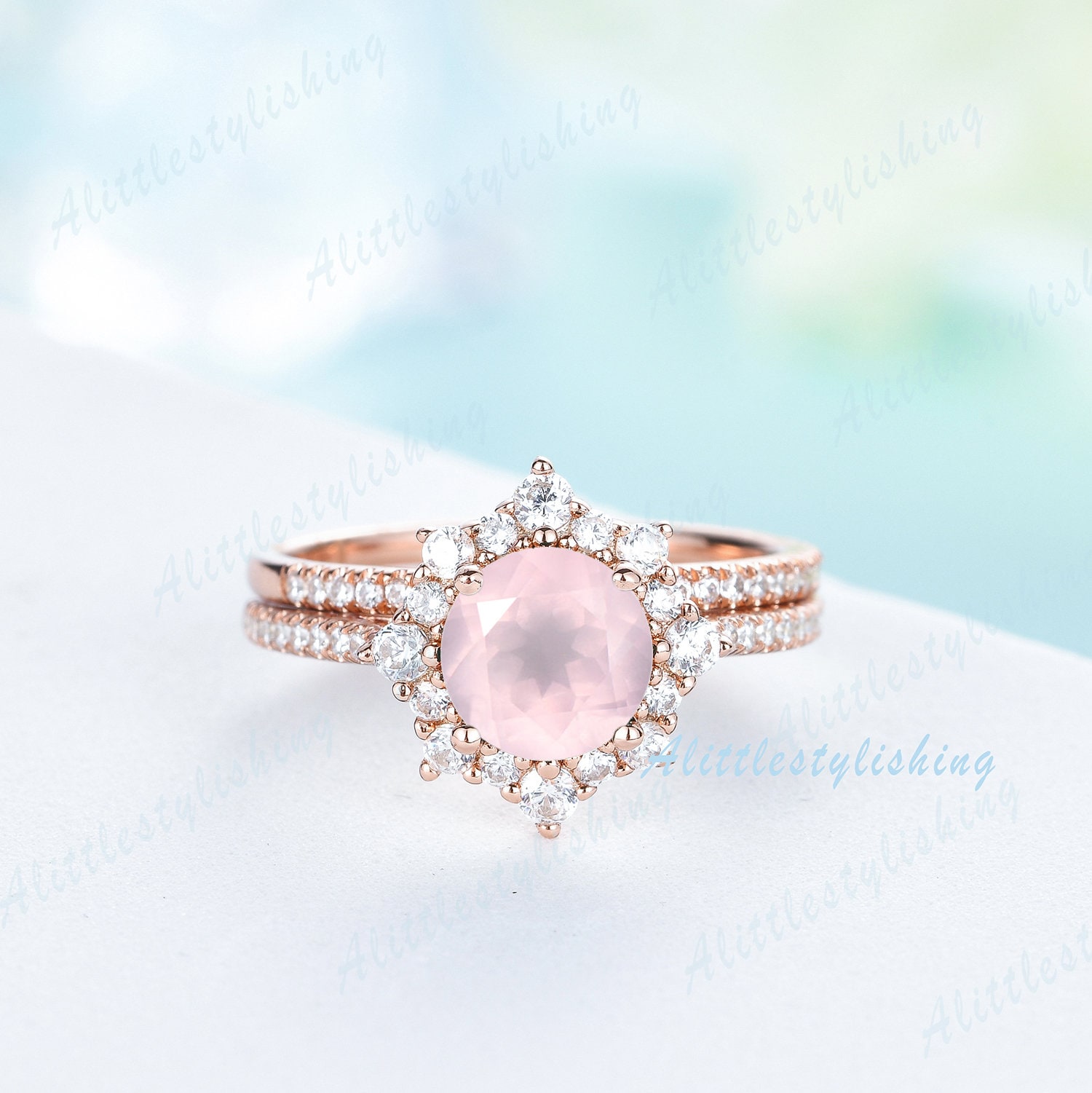 Rosenquarz Ring Set 925 Sterling Silber 14K Roségold Rund Braut Unikat Pink Versprechen Halb Ewigkeit Ehering von Alittlestylishing