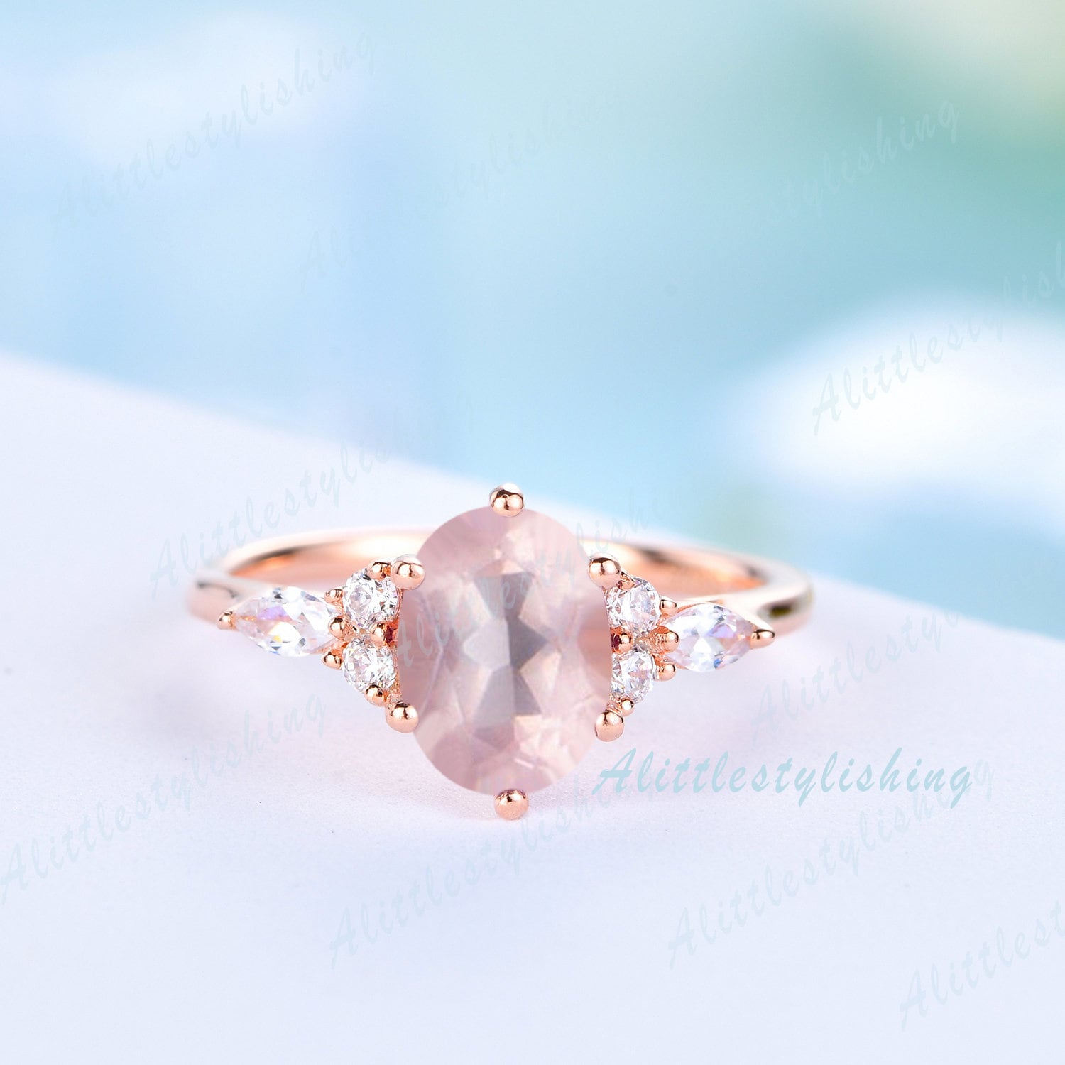 Rosenquarz Verlobungsring Silber Rosegold Unikat Oval Geschliffen Ring Marquise Drei Stein Frau Antik Jubiläum von Alittlestylishing