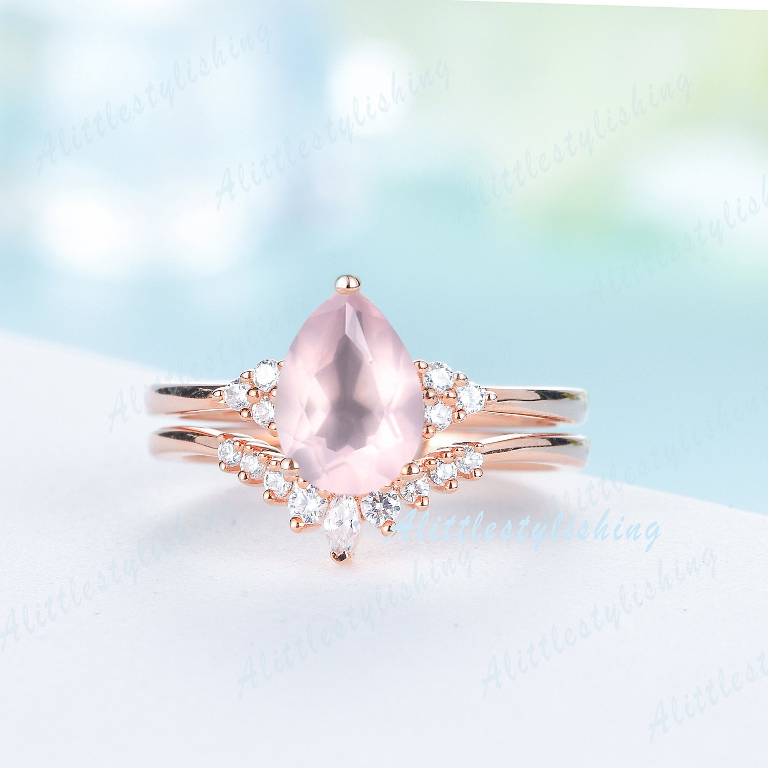 Rosenquarz Versprechen Ringe Für Frau Rose Gold Verlobungsring Set Vintage Ring Einzigartige Pear Cut Silber Braut von Alittlestylishing