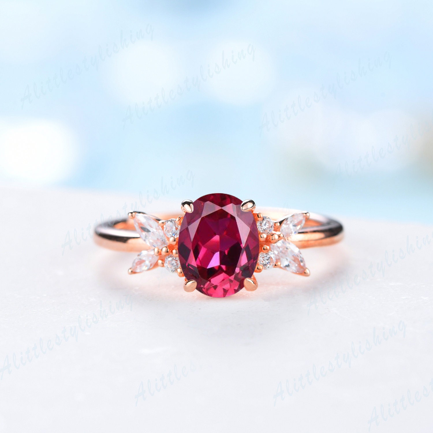 Rubin Verlobungsring Vintage Oval Geschliffener Ring Moissanit Blume Versprechen Zierlicher Rosegold Juli Geburtsstein Jahrestag von Alittlestylishing