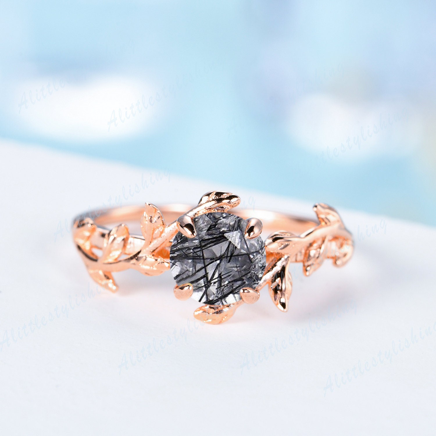 Schwarzer Quarz Rutil Verlobungsring Rosegold Ring, Solitär Schwarzquarz Statement Natur Inspirierter Ehering, Jahrestag Ring von Alittlestylishing