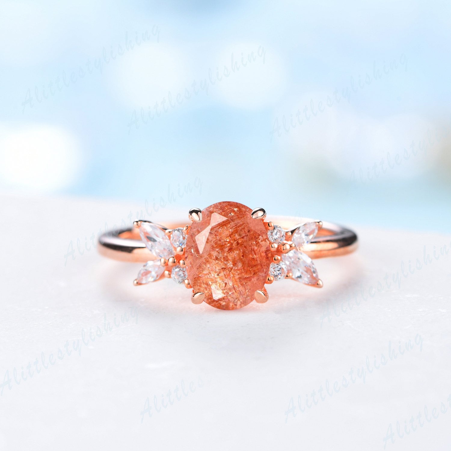 Sonnenstein Verlobungsring Ovaler Ring in 14K Rosegold Moissanit Ehering Vintage Versprechen Für Frau Geschenk von Alittlestylishing