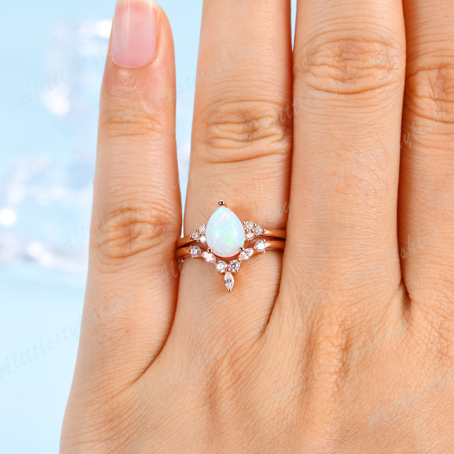 Tiara Opal Verlobungsringe Kurve V Moissanit Eheringe in 10K Rose Gold Sterling Silber Braut Set Art Deco Versprechen Ringe Frauen von Alittlestylishing