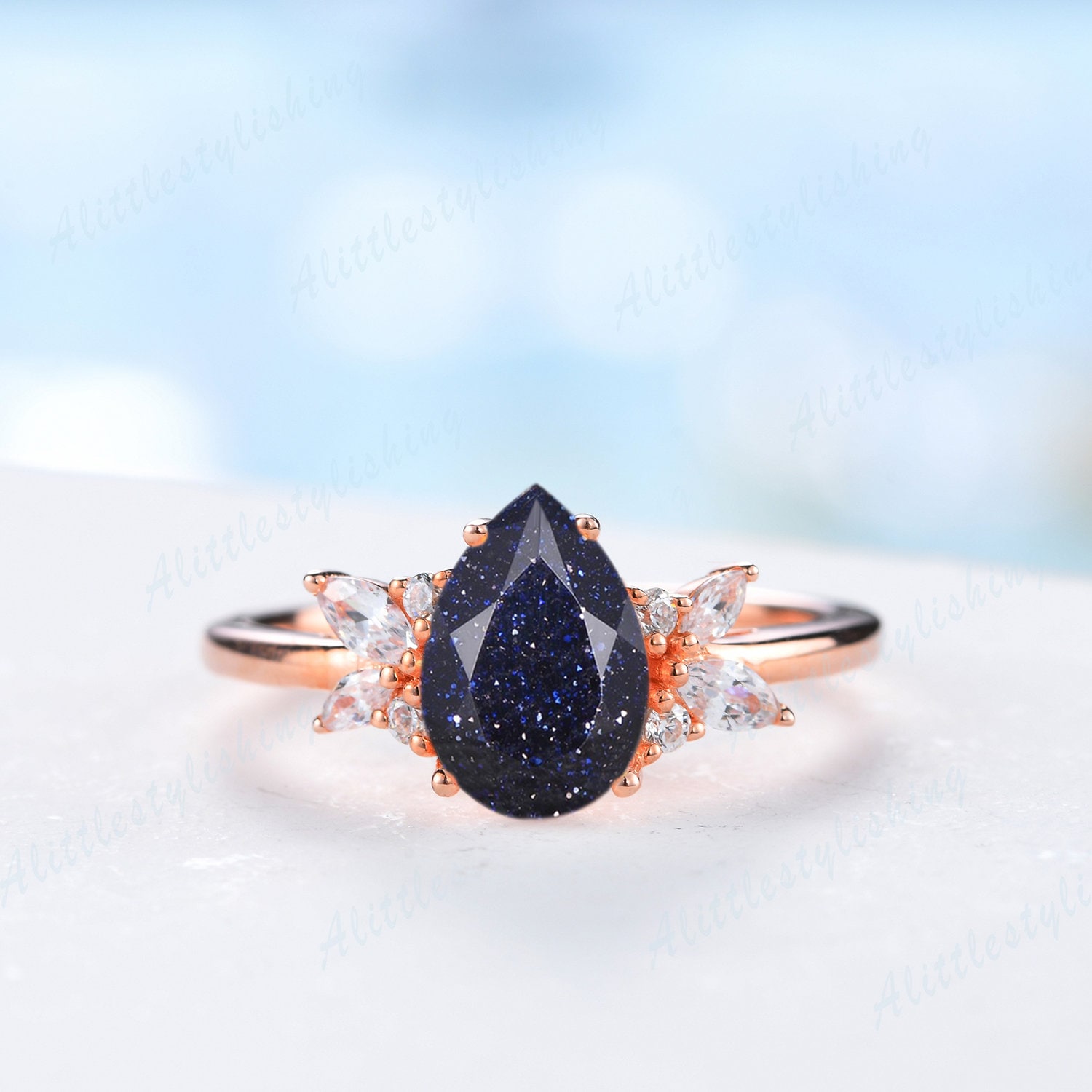 Verlobungsring, Vintage Rosegold Blauer Sandstein Ring, Art Deco Marquise Moissanit Ehering, Braut Versprechen Ring von Alittlestylishing