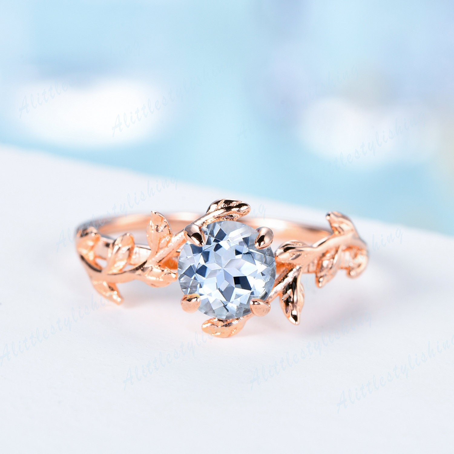 Vintage Aquamarin Verlobungsring, Rosegold Ring, Antik Blatt Ast März Geburtsstein, Jahrestag Geschenk von Alittlestylishing