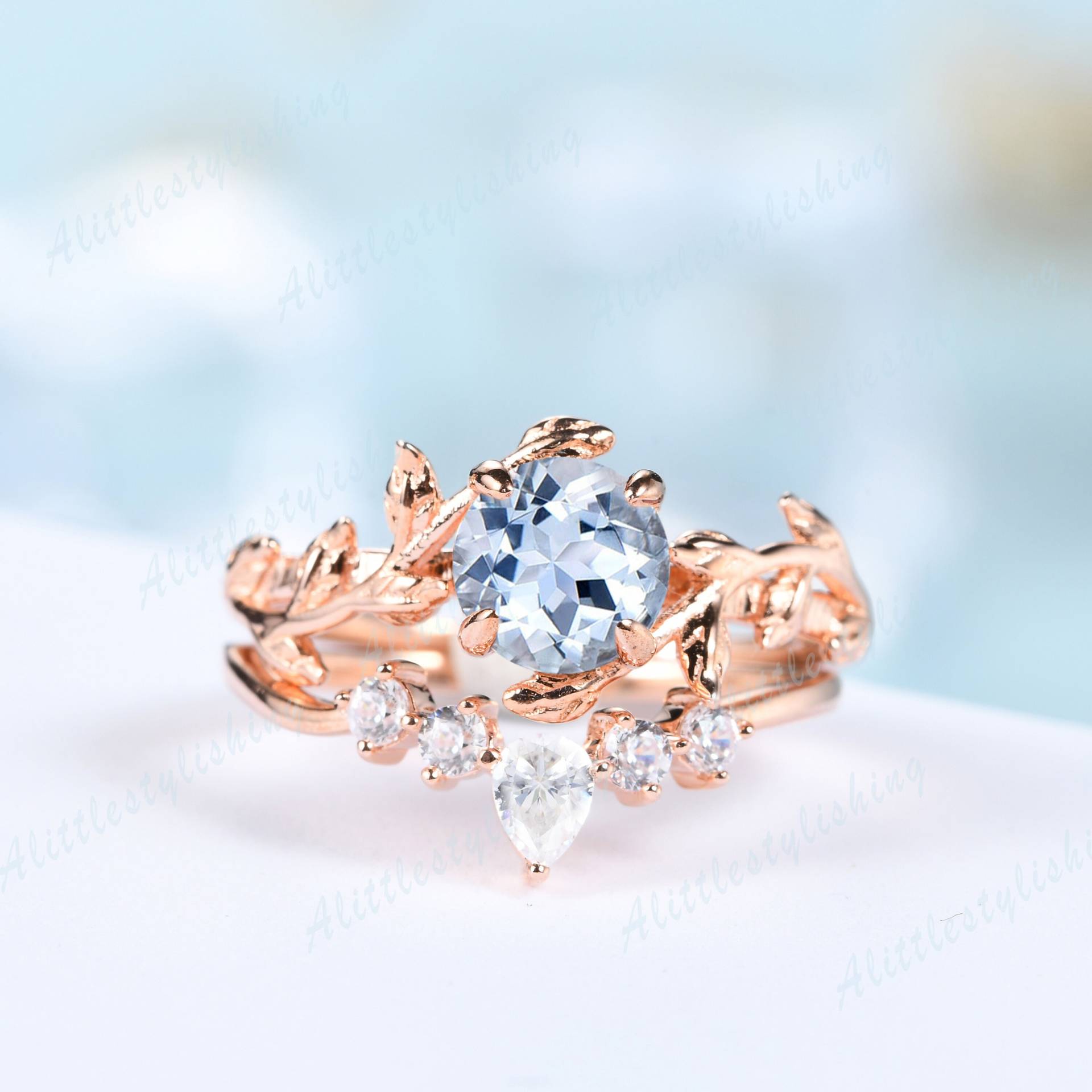 Vintage Aquamarin Verlobungsringe Für Frau Ring Set Zweig Ehering Rose Gold Blau Edelsteine Versprechen März Geburtsstein von Alittlestylishing