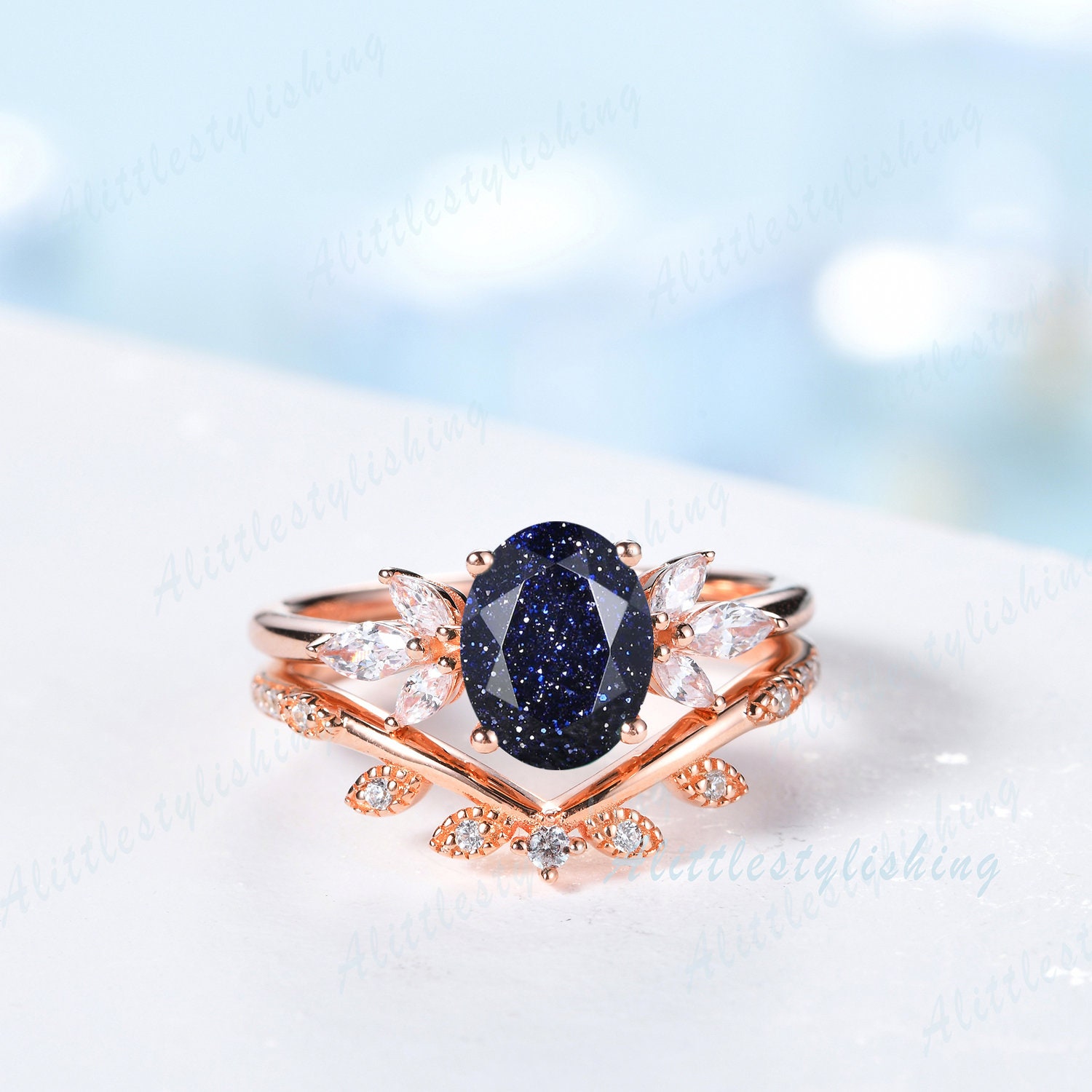 Vintage Blatt Blau Sandstein Ring Set Natur Inspiriert Einzigartige Verlobungsringe Für Frauen Stapel Hochzeit Braut Rosegold Versprechen von Alittlestylishing