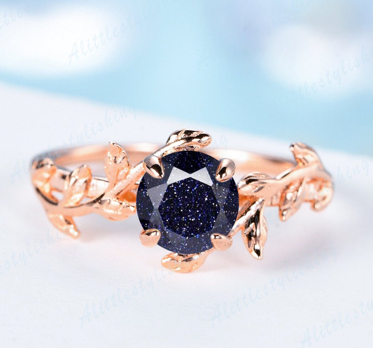 Vintage Blauer Sandstein Verlobungsring Rose Gold Zweig Ring Einzigartige Blatt Antike Rebe Galaxie Versprechen Geschenk Ehering von Alittlestylishing