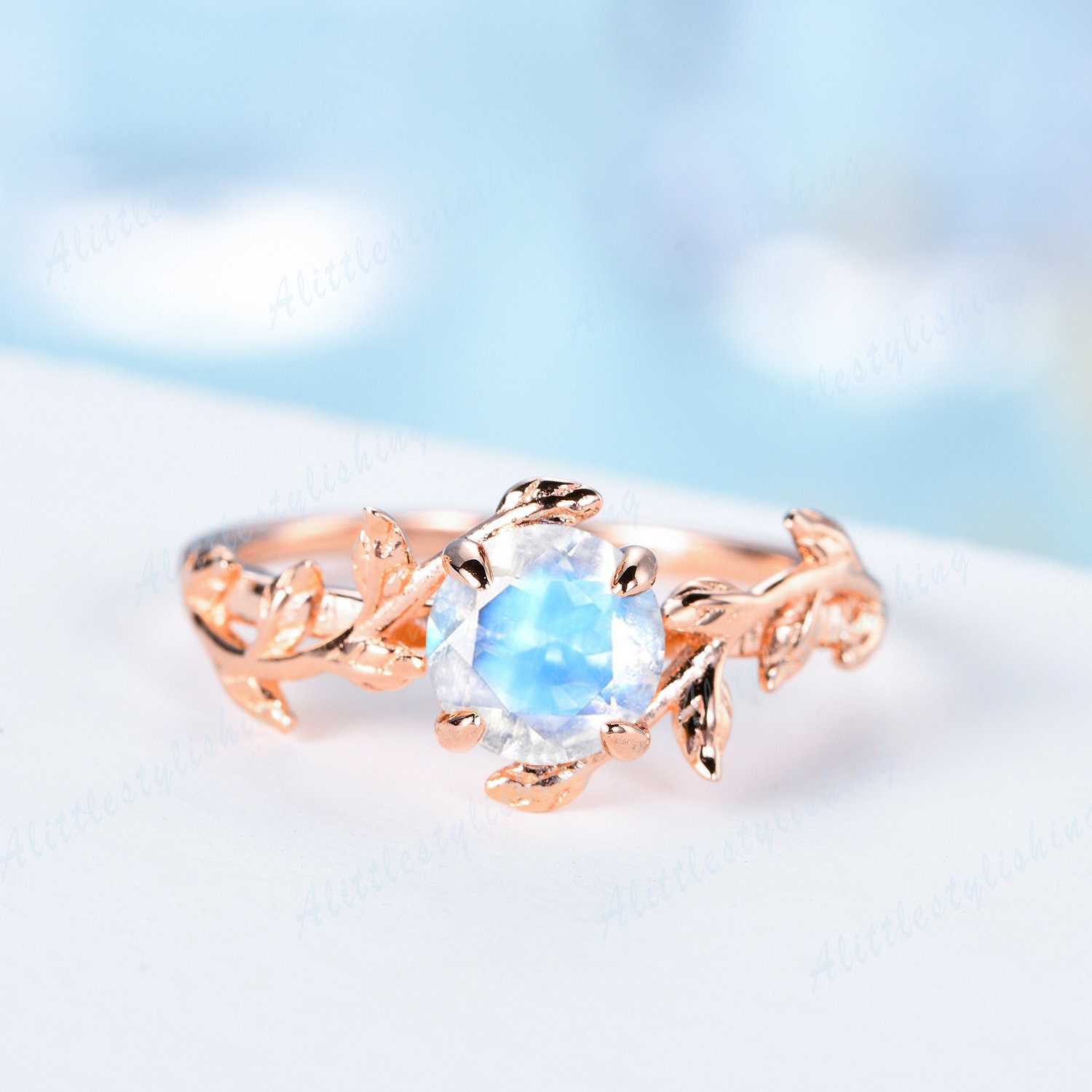 Vintage Regenbogen Mondstein Ring, Natur Inspirierter Verlobungsring, Versprechen Rose Gold Jahrestag Geschenk Für Sie von Alittlestylishing