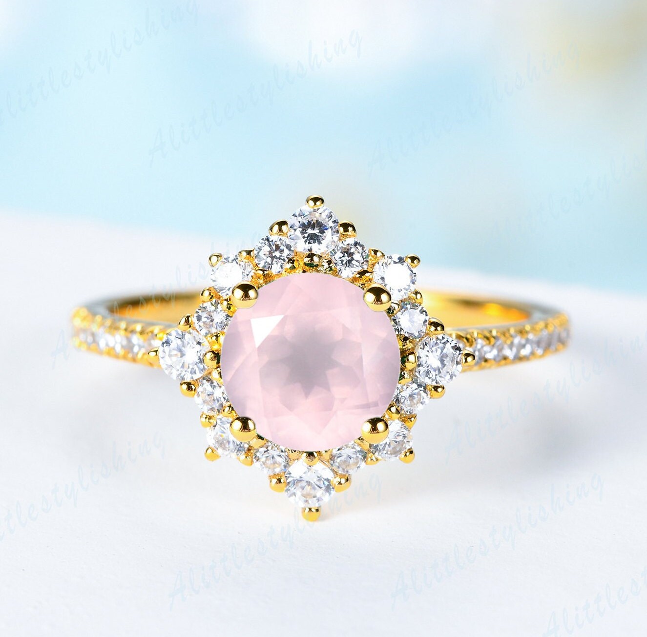 Vintage Rosenquarz Verlobungsring in 14K Gelbgold Ring Moissanite Diamant Ehering Antik Braut Jahrestag Geschenk von Alittlestylishing