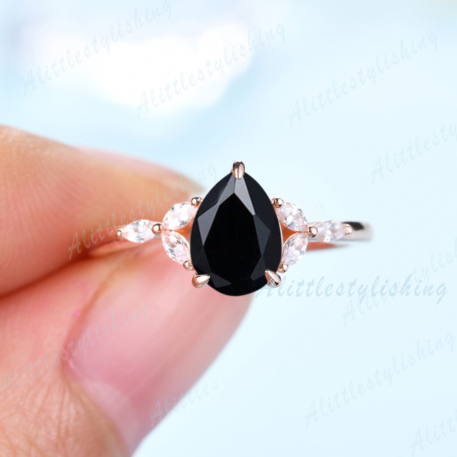 Vintage Schwarzer Onyx Verlobungsring Rose Gold Birne Form Ring Zierliche Hochzeit Brautring Art Deco Versprechen Frau Jahrestag Geschenk Schmuck von Alittlestylishing