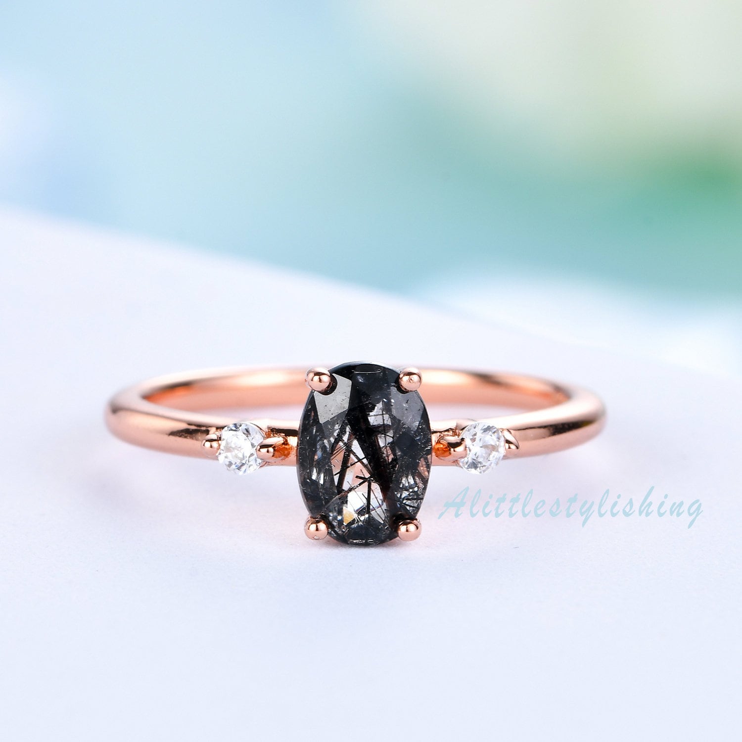 Vintage Schwarzer Rutilquarz Verlobungsring Rosegold Oval Schliff Ring Edelstein Unikat Braut Trauring Set Jahrestag Geschenk Für Sie von Alittlestylishing