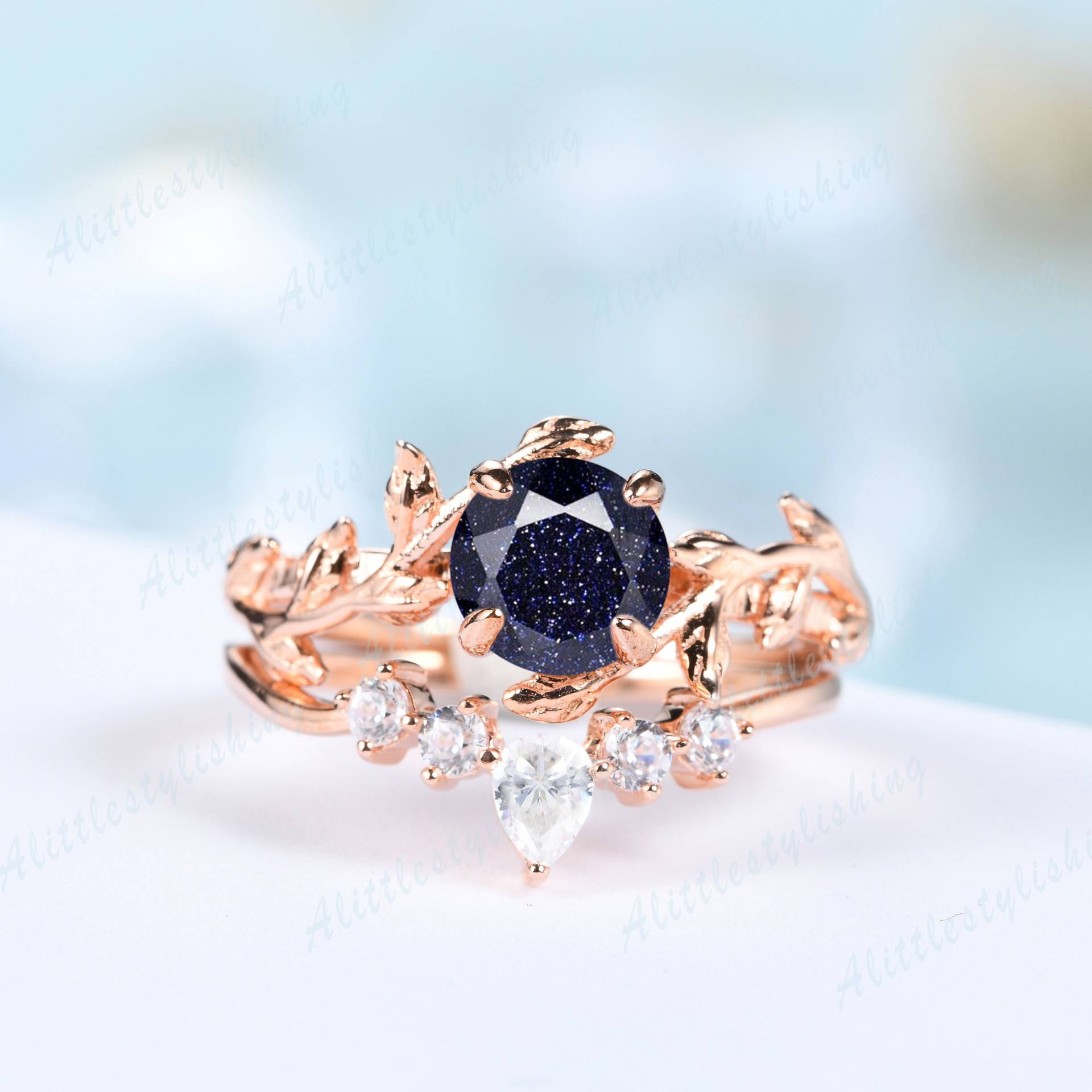 Vintage Verlobungsring Set, Blauer Sandstein Ring Unikat Rosegold Zweig Ehering Blatt Verlobungsringe, Jahrestag Geschenke von Alittlestylishing
