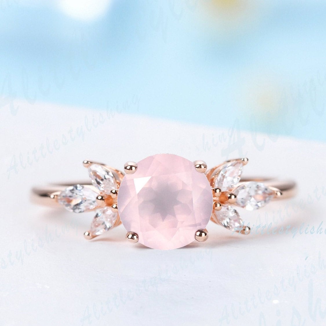 Zierliche Rosenquarz Ring Solitär Verlobungsring Marquise Moissanit Ehering Vintage Frau Braut Versprechen Jahrestag Schmuck von Alittlestylishing