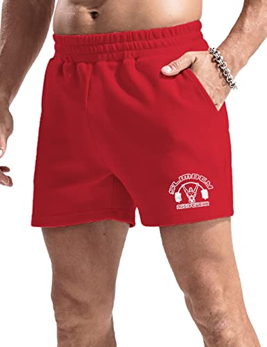 palglg Herren Bodybuilding Hosen Kurz mit Tasche Sporthose Baumwolle Laufshorts 5" Innennaht Rot 2XL von palglg