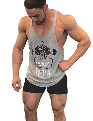 palglg Herren Bodybuilding Tank Top Fitness 2cm Strap Stringer Sportshirt Grau L von palglg