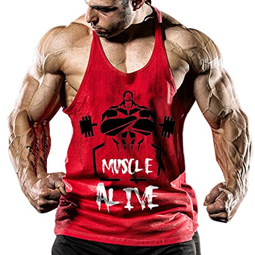 Alivebody Herren Bodybuilding Tank Top Fitness 2cm Strap Stringer Sportshirt, L: Brust 105-115 cm, Rot von palglg