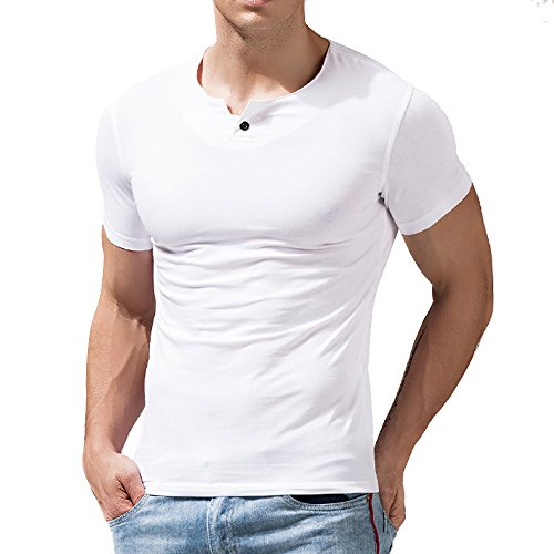 Alivebody Henley Herren-T-Shirt mit Knöpfen, langärmelig, schmale Passform, Baumwolle, weiß, S von palglg