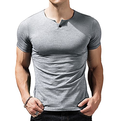 Alivebody Henley Herren-T-Shirt mit Knöpfen, langärmelig, schmale Passform, Baumwolle, grau, L von palglg