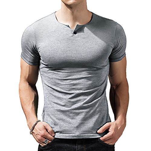Herren Kurzarm T-Shirt Taste Knopfleiste Einfacher V-Ausschnitt Hemden Baumwolle Grau S von palglg