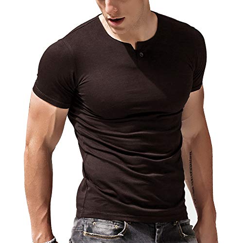 Herren Kurzarm T-Shirt Taste Knopfleiste Einfacher V-Ausschnitt Hemden Baumwolle Kaffee L von palglg