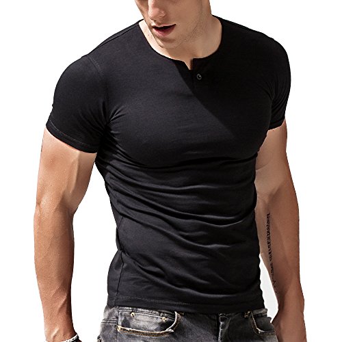 Alivebody Henley Herren-T-Shirt mit Knöpfen, langärmelig, schmale Passform, Baumwolle, Schwarz , XXL von palglg