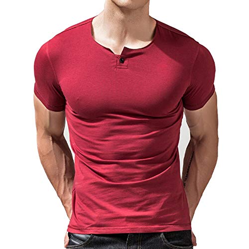 Alivebody Henley Herren-T-Shirt mit Knöpfen, langärmelig, schmale Passform, Baumwolle, weinrot, L von palglg