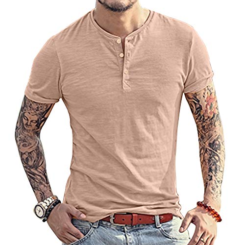 Alivebody Henley Herren-T-Shirt mit Knöpfen, langärmelig, schmale Passform, Baumwolle, Aprikose-entspannt, S von palglg