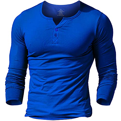 Alivebody Henley Herren-T-Shirt mit Knöpfen, langärmelig, schmale Passform, Baumwolle, Blaues Langarmshirt, XL von palglg