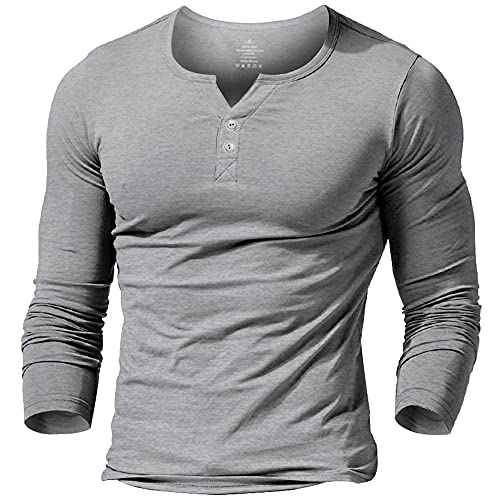 Alivebody Henley Herren-T-Shirt mit Knöpfen, langärmelig, schmale Passform, Baumwolle, Grauer Langarm, XXL von palglg