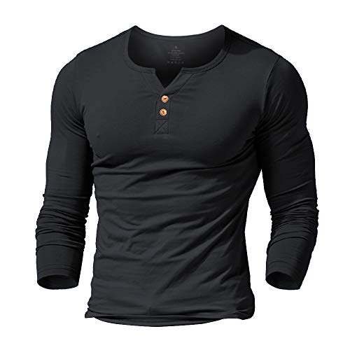 Herren Lange Henley T-Shirt Taste Knopfleiste Einfacher V-Ausschnitt Hemden Baumwolle Schwarz L von palglg