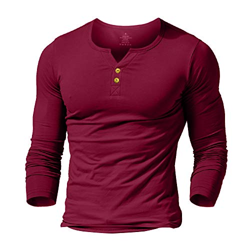 Alivebody Henley Herren-T-Shirt mit Knöpfen, langärmelig, schmale Passform, Baumwolle, Weinrot lange Ärmel, XXL von palglg