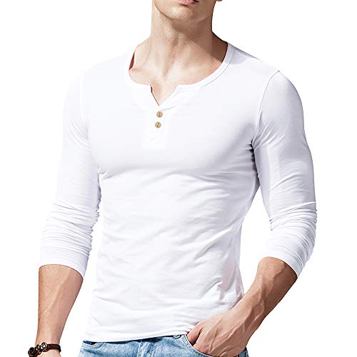 Alivebody Henley Herren-T-Shirt mit Knöpfen, langärmelig, schmale Passform, Baumwolle, Weißes Langarmshirt, L von palglg