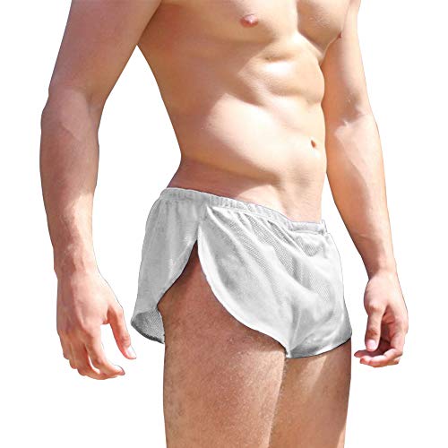 Alivebody Herren Sexy Mesh Kurze Hose mit Teilt Seiten Lounge Shorts Unterwäsche Boxershorts, L : Taille 85 - 95 cm, Weiß von Alivebody