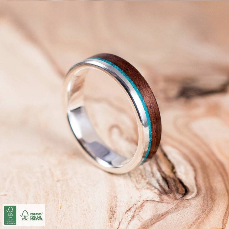 Rustikaler Ring Aus Rosenholz Und Silber, Chrysokoll-Einlage | Comfort Fit Rustikaler Ring Aus Rosenholz Und Silber, Chrysokoll-Einlage | Comfort Fit von AlixCrafts