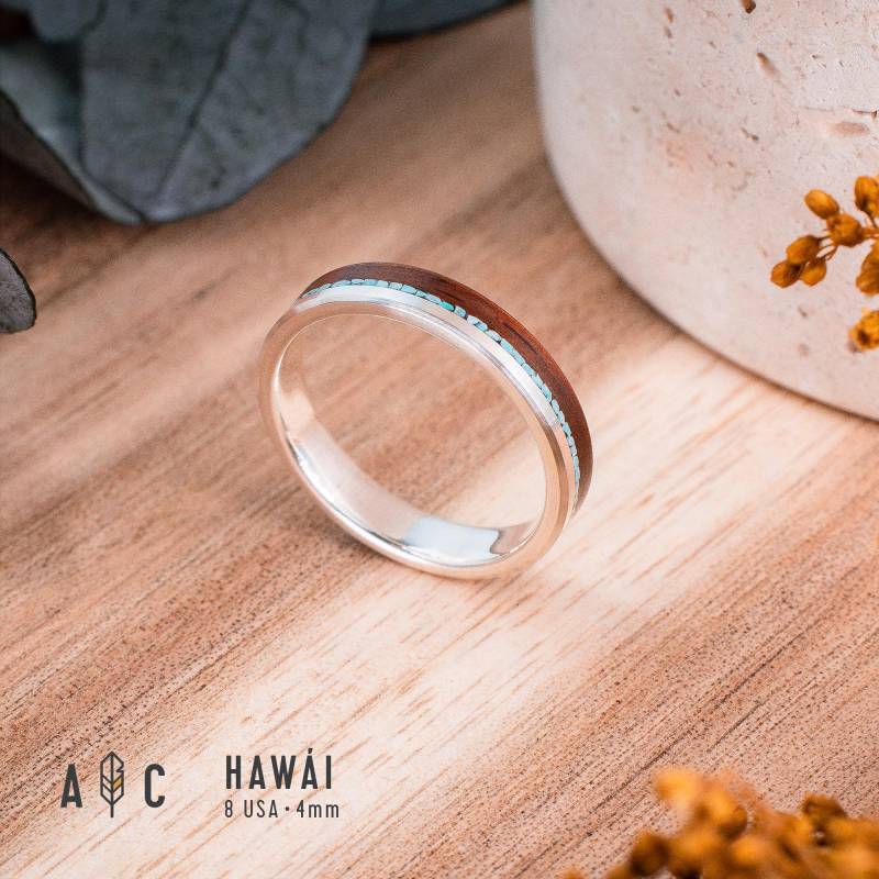 Hawaii-Ring Aus Silber Und Palisander Mit Türkis-Inlay. Boho Ehering, Verlobungsring von AlixCrafts