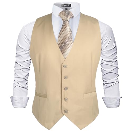 Alizeal Herren Anzugweste in klassischer Farbe, normale Passform, Hellkhaki, L von Alizeal
