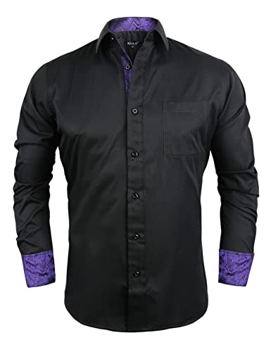 Alizeal Herren Business Slim Fit Businesshemd Langarm Patchwork Hemd mit Knopfverschluss, Schwarz+Dunkellila-M von Alizeal