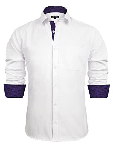 Alizeal Herren Business Slim Fit Businesshemd Langarm Patchwork Hemd mit Knopfverschluss, Weiß+Dunkellila-M von Alizeal