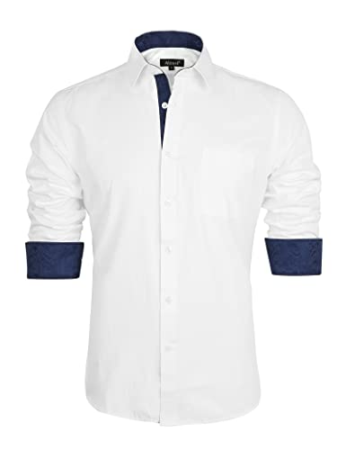 Alizeal Herren Business Slim Fit Businesshemd Langarm Patchwork Hemd mit Knopfverschluss, Weiß+Marine-L von Alizeal