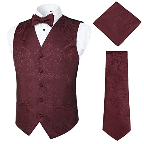 Alizeal Herren Klassische 4pc Paisley Jacquard Weste Anzug Weste Set, Dunkelrot-XL von Alizeal