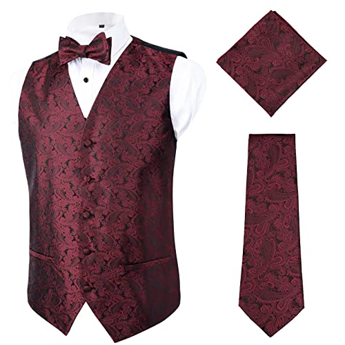 Alizeal Herren Klassische 4pc Paisley Jacquard Weste Anzug Weste Set, Maroon-2XL von Alizeal