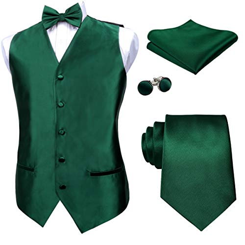 Alizeal Herren Classic 5-teiliges Einfarbiges Satin Anzug Weste Set, Dunkelgrün-2XL von Alizeal