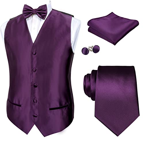 Alizeal Herren Classic 5-teiliges Einfarbiges Satin Anzug Weste Set, Dunkelviolett-3XL von Alizeal