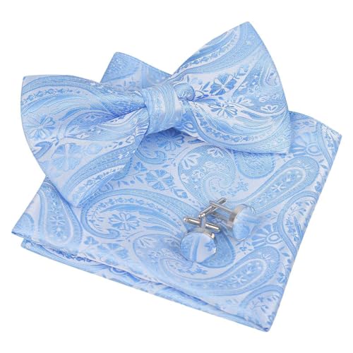 Alizeal Herren Classic Paisley Fliege, Hanky und Manschettenknöpfe Set, Hellblau von Alizeal