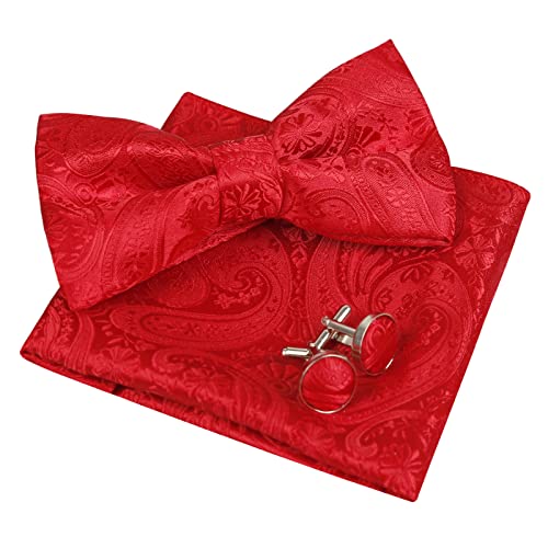 Alizeal Herren Classic Paisley Fliege, Hanky und Manschettenknöpfe Set, Rot von Alizeal